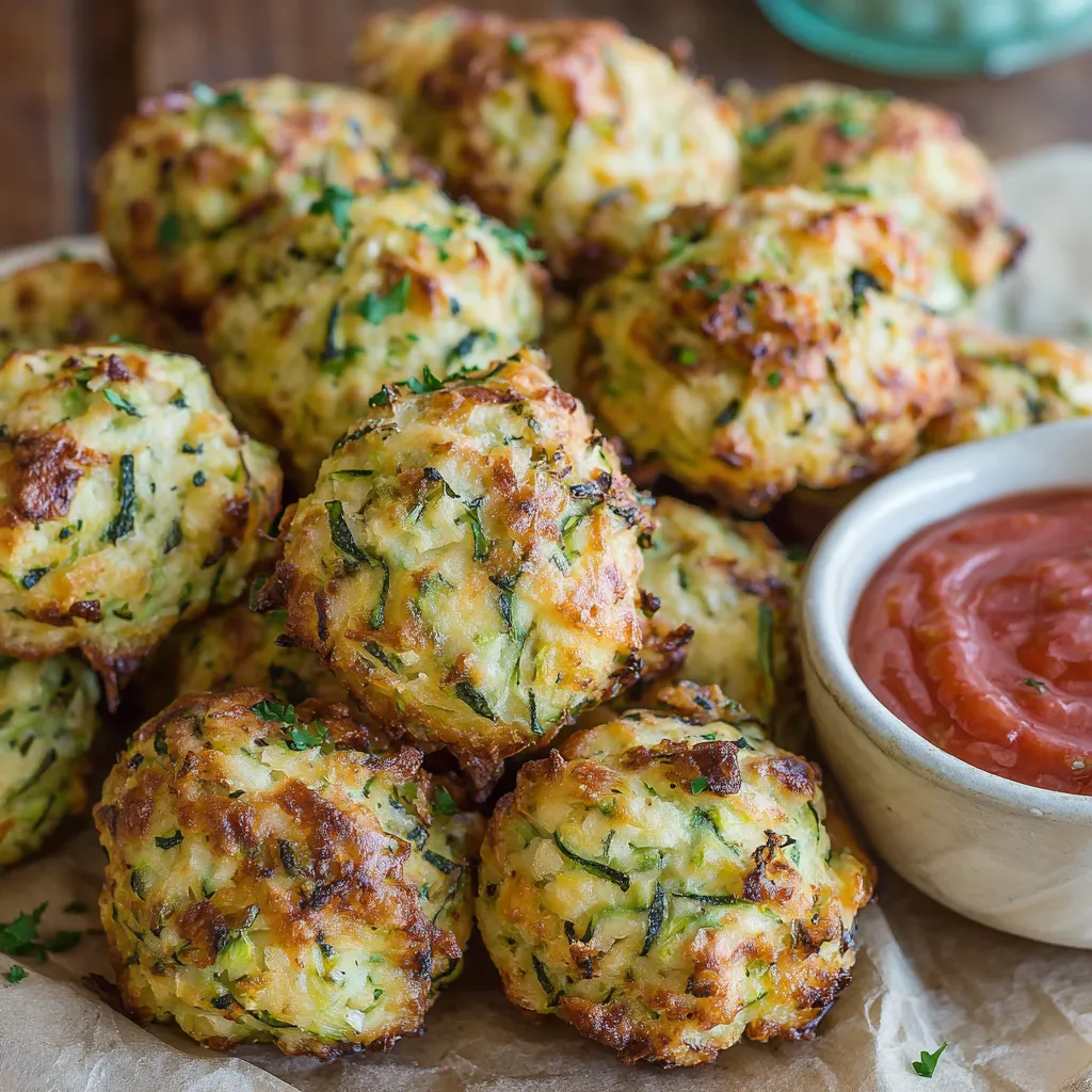 Ein weißer Teller mit Zucchini-Käse Bällchen und einer Schüssel mit Tomatensoße.
