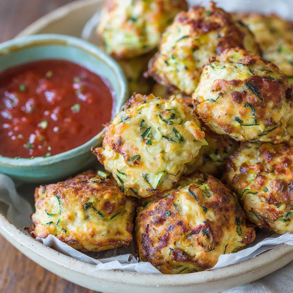 Ein Becher mit Zucchini-Käse Bällchen und einer Sauce darin.