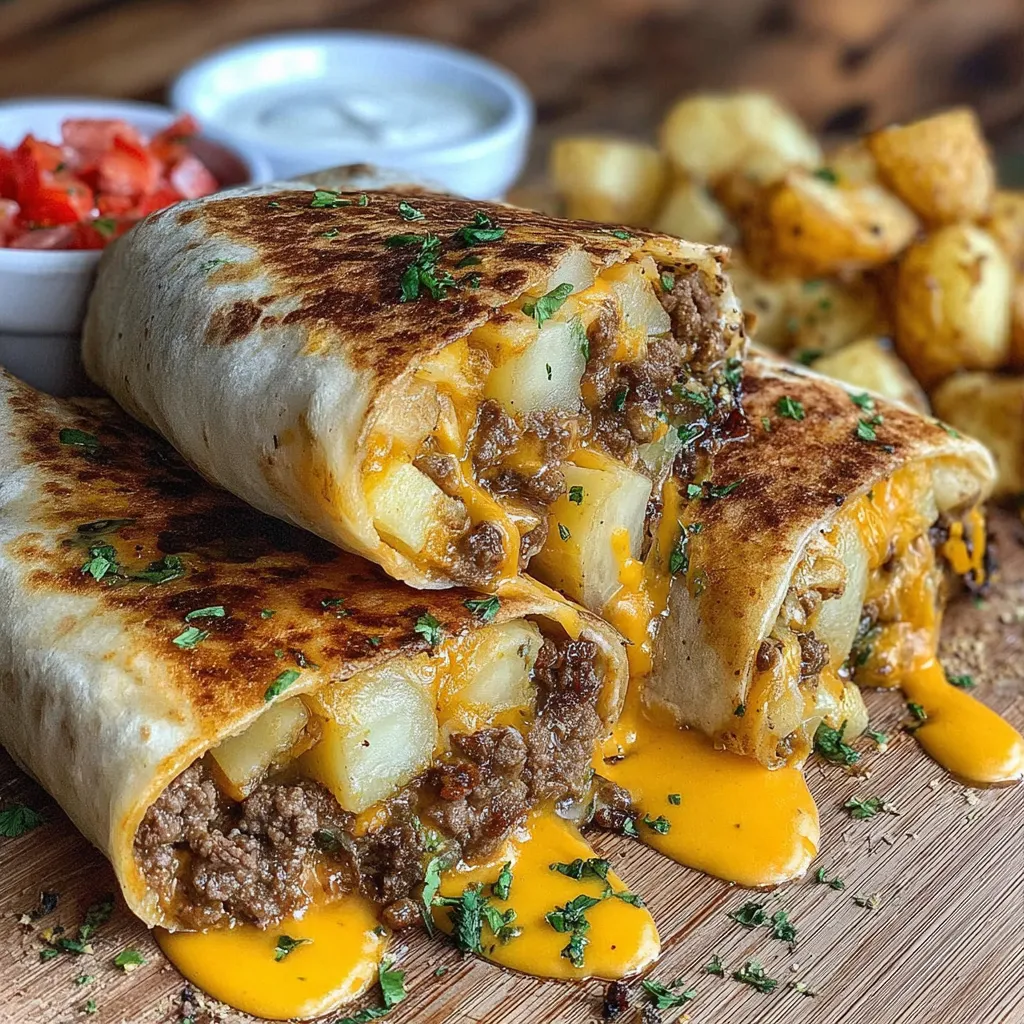 Käsige Rind-Kartoffel Burritos mit Nacho-Sauce