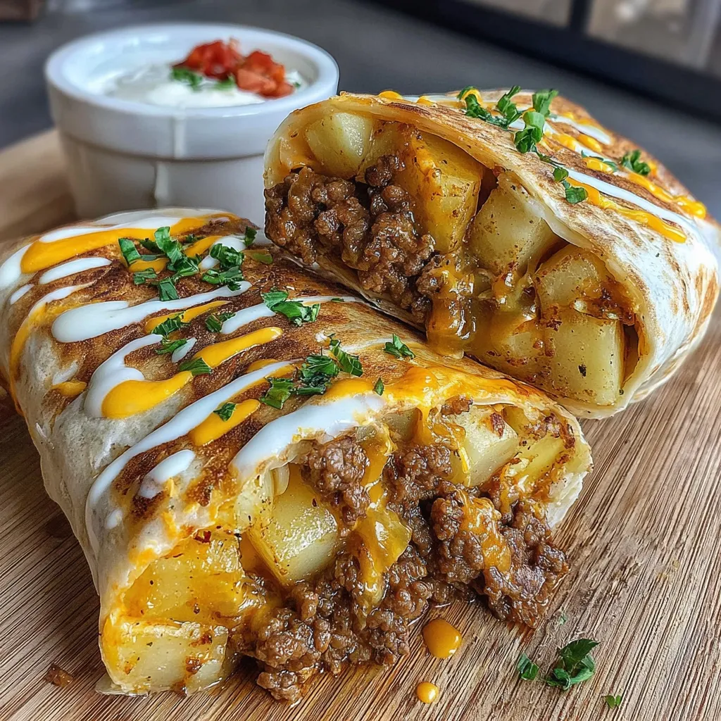 Käsige Rind-Kartoffel Burritos mit Nacho-Sauce