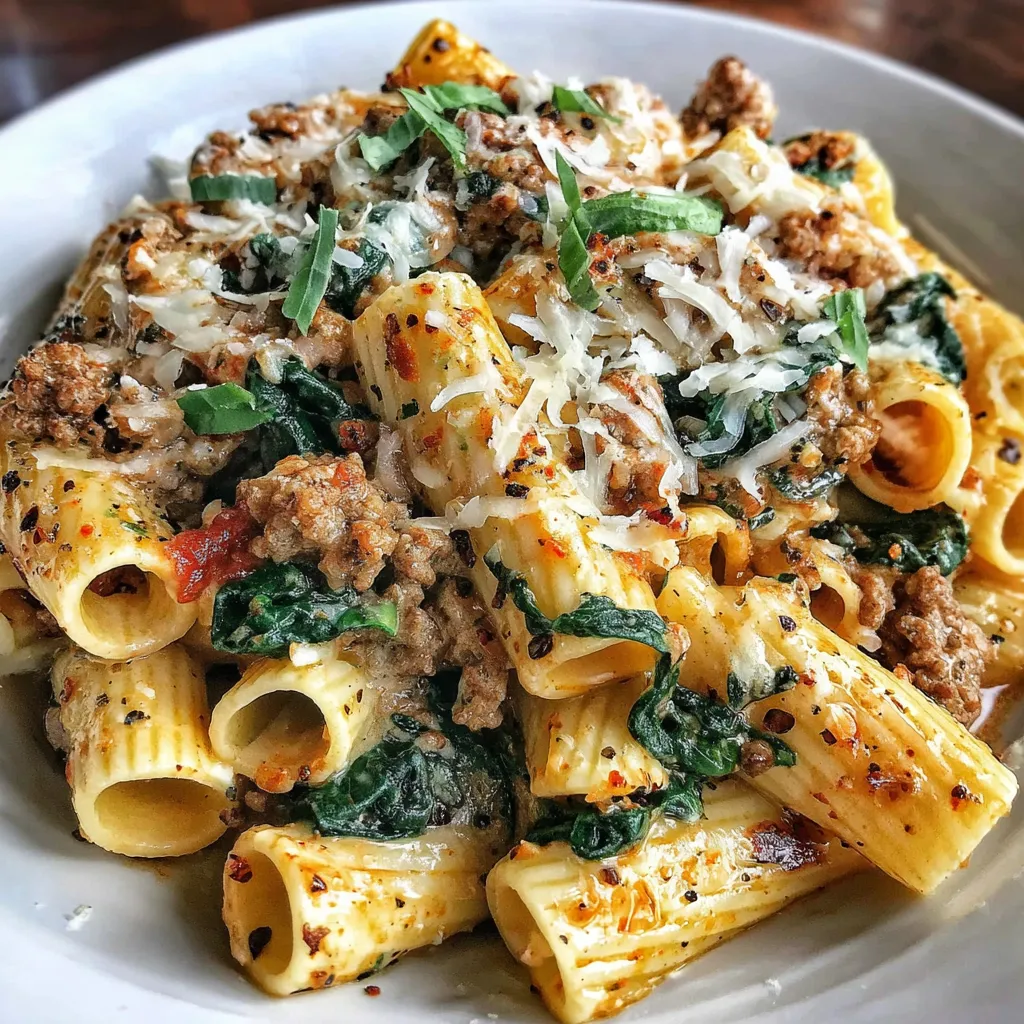 Käsige Rigatoni mit Rind und italienischer Wurst in Knoblauchbutter