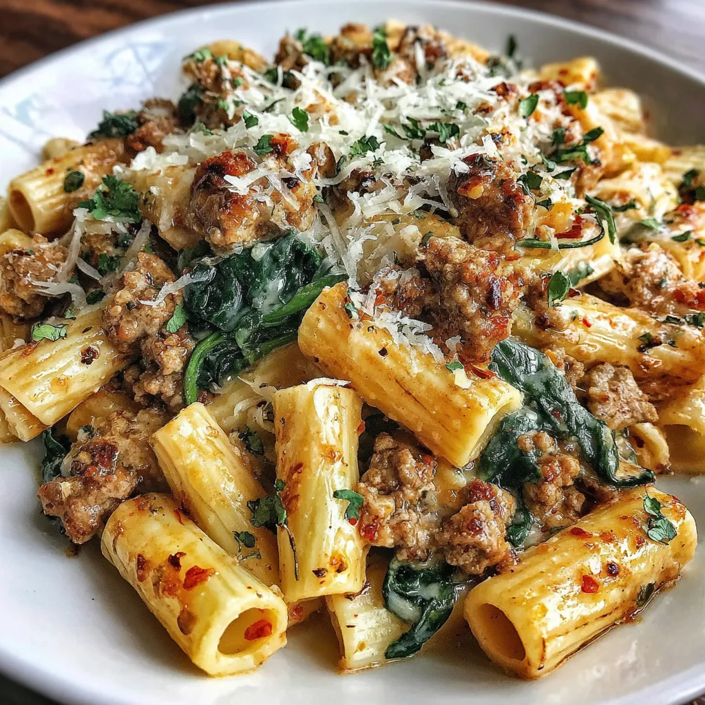Käsige Rigatoni mit Rind und italienischer Wurst in Knoblauchbutter
