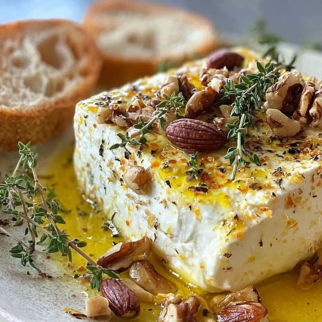 Eine Platte mit einem Überbackenen Feta, das mit Honig, Thymian und Nüssen garniert ist.