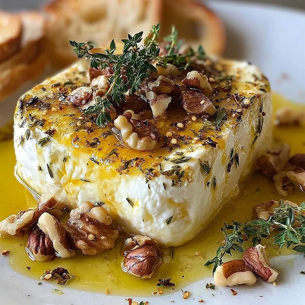 Eine Platte mit einem Überbackenen Feta, das mit Honig, Thymian und Nüssen garniert ist.