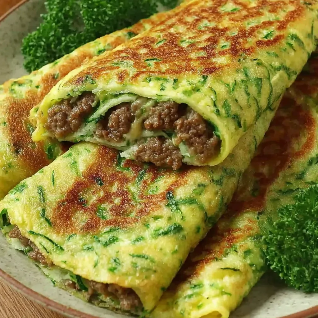 Eine Platte mit zwei Gefüllten Zucchinipfannkuchen, die mit Hackfleisch und Mozzarella gefüllt sind.