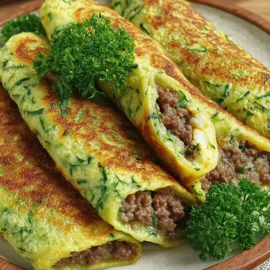 Eine Platte mit Gefüllte Zucchinipfannkuchen, die mit Hackfleisch und Mozzarella gefüllt sind.