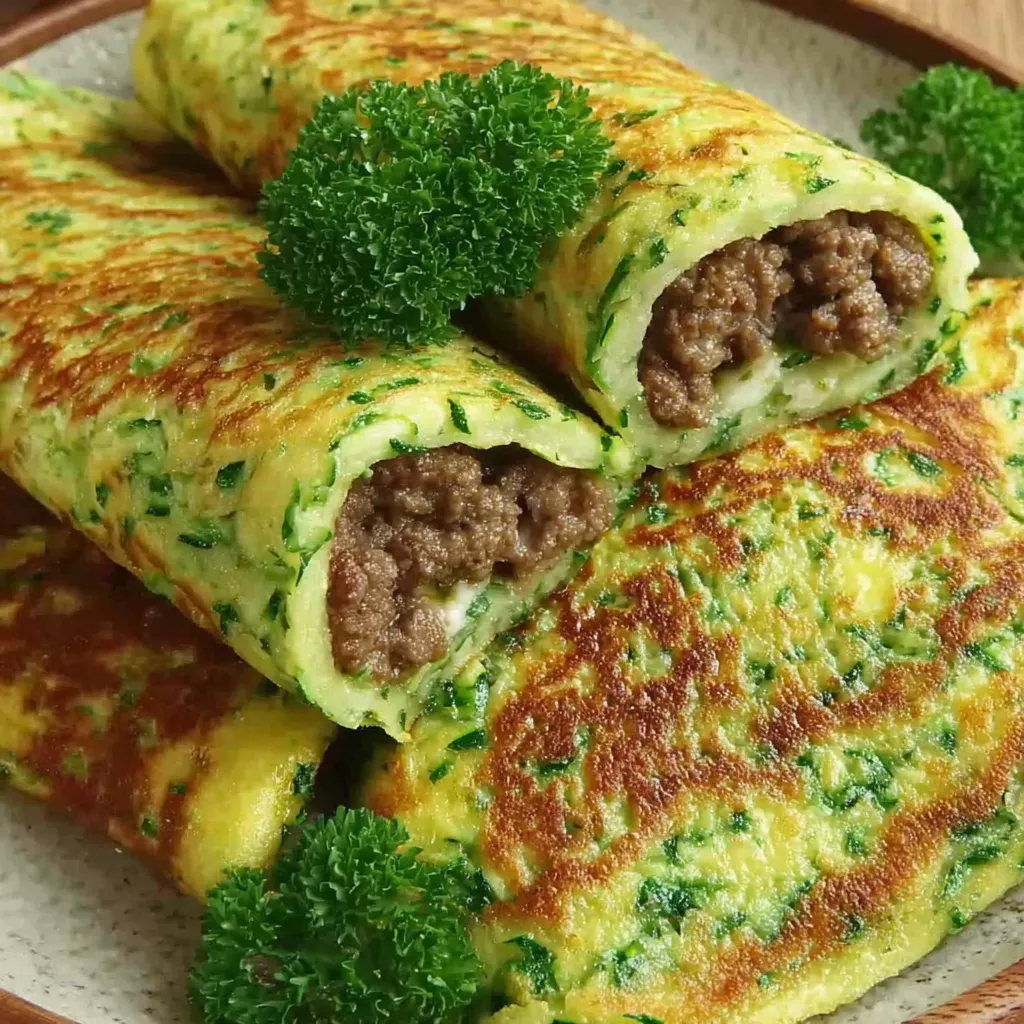 Gefüllte Zucchinipfannkuchen mit Hackfleisch und Mozzarella.