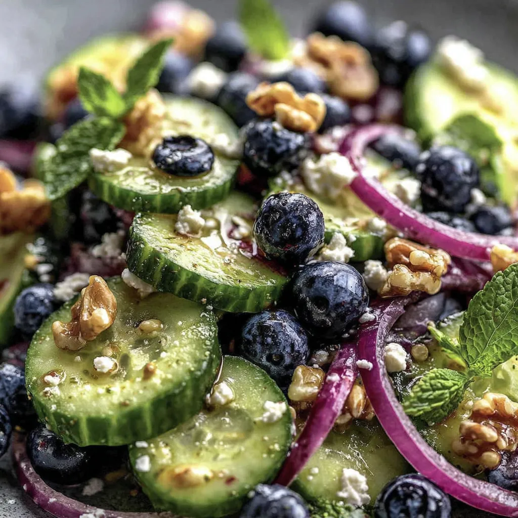 Ein Frischer Gurken-Blaubeer-Salat mit frischen Gurken, Blaubeeren, Nüssen und Mint.