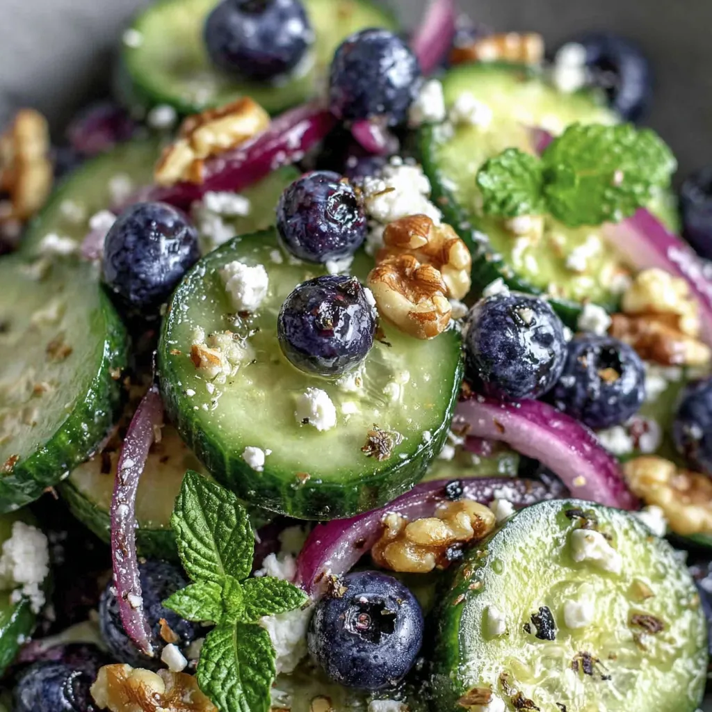 Ein Frischer Gurken-Blaubeer-Salat mit vielen verschiedenen Zutaten wie Nüssen, Mint und anderen Gemüse.