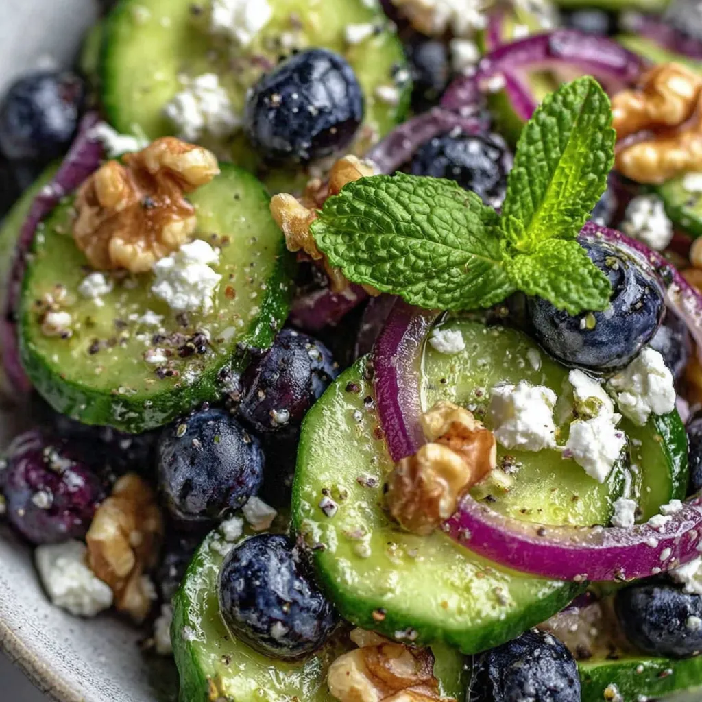 Ein Frischer Gurken-Blaubeer-Salat mit frischen Gurken, Blaubeeren, Walnüssen, Zwiebeln und Mint.