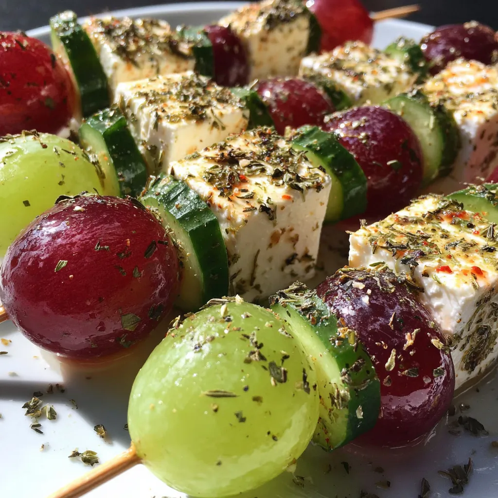 Eine Platte mit verschiedenen gegrillten Feta-Spießen, die mit Rosmarin und Honigglasur garniert sind.