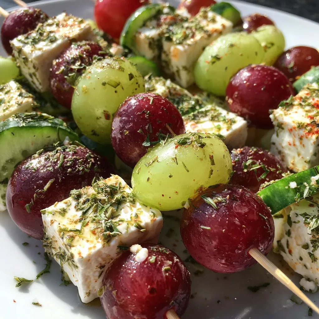 Eine Platte mit verschiedenen gegrillten Feta-Spießen, die mit Rosmarin und Honigglasur garniert sind.