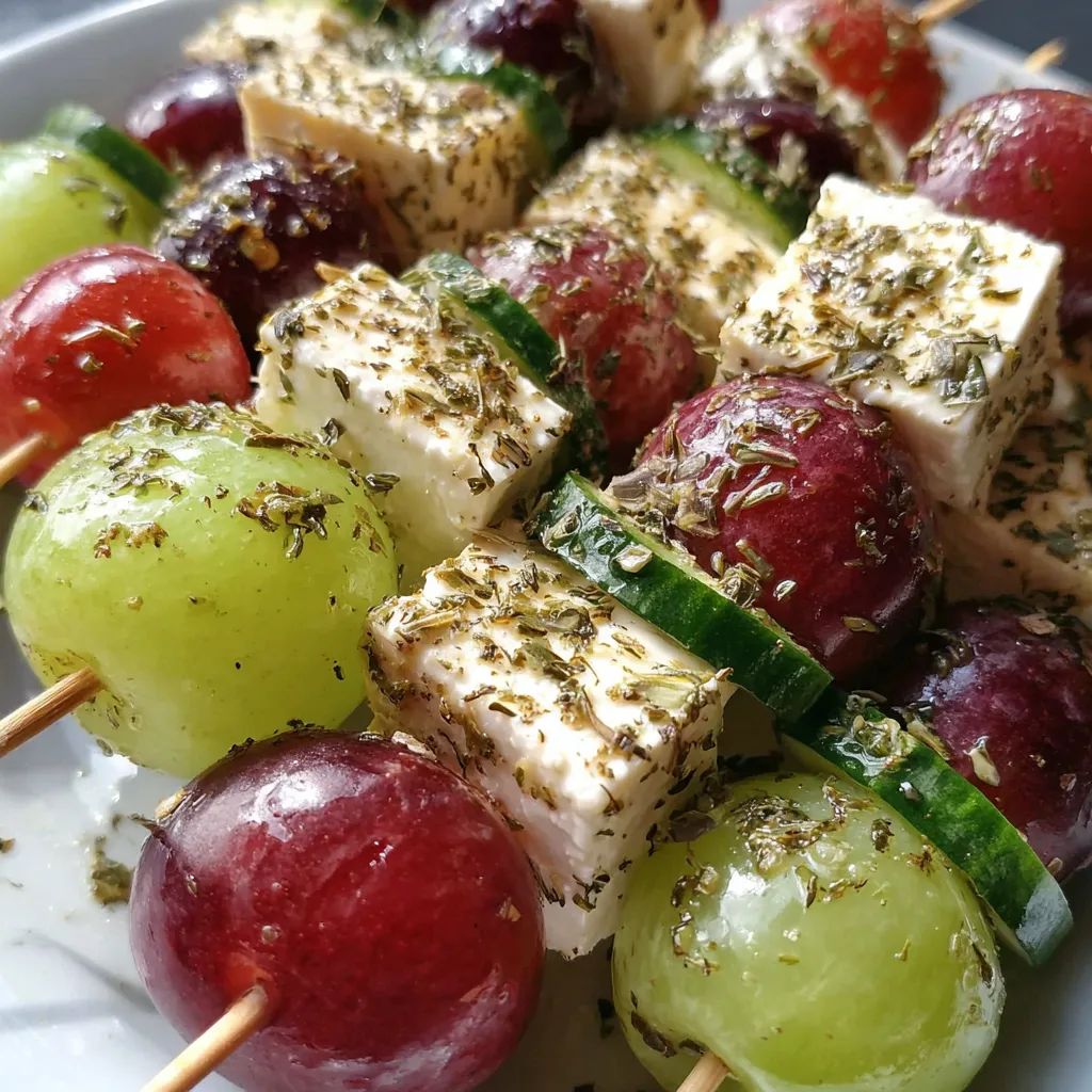 Eine Platte mit verschiedenen Feta-Spießen, darunter Trauben, Zucchini und Honigglasur.