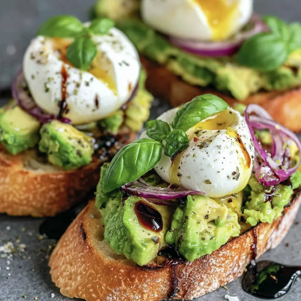 Zwei Toast mit Avocado und Burrata.