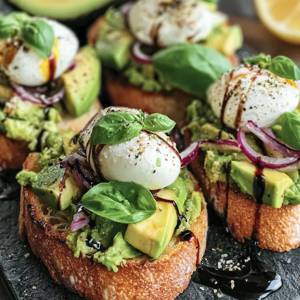 Eine Schüssel mit Avocado Burrata Bruschetta.