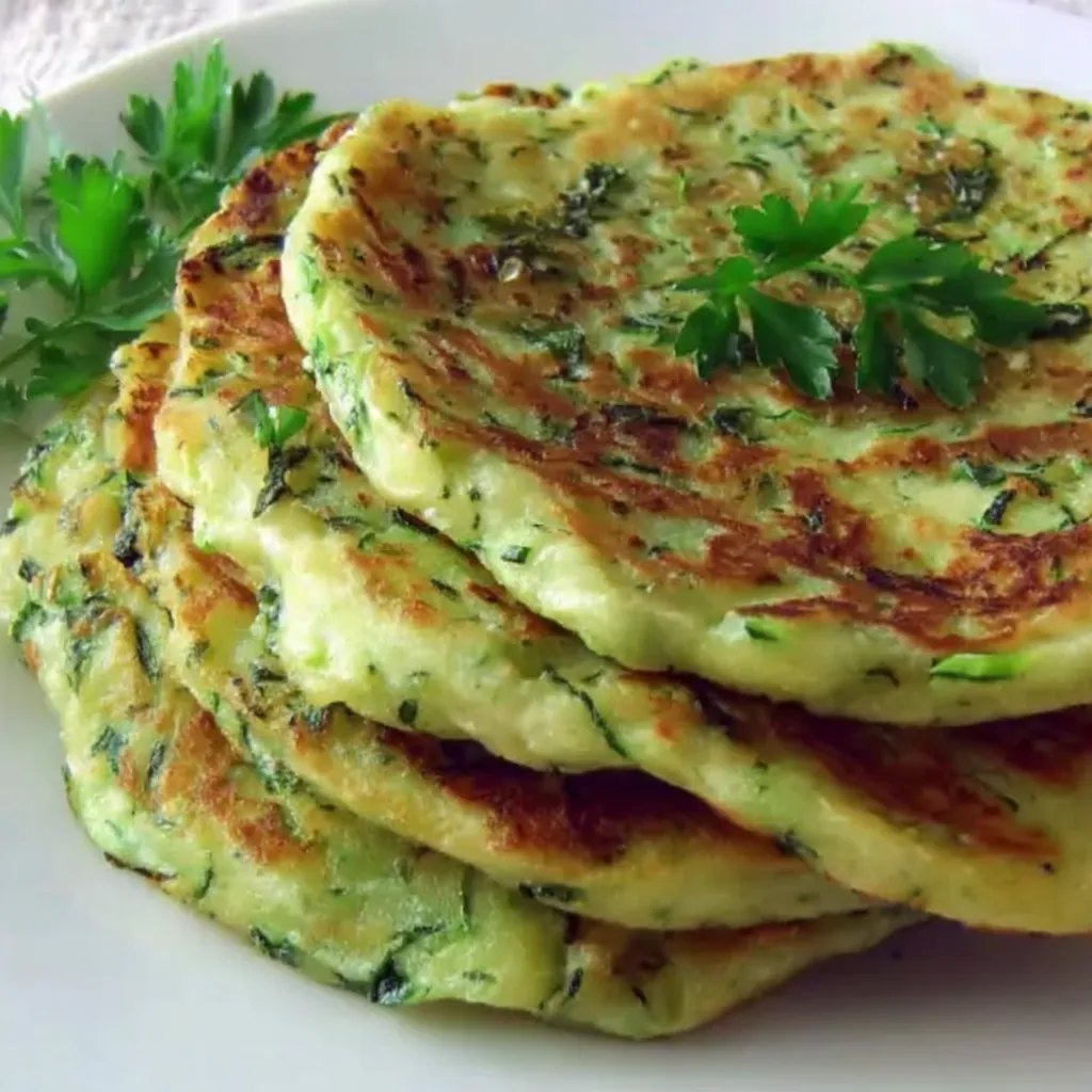 Zucchini-Pfannkuchen auf einem weißen Teller.