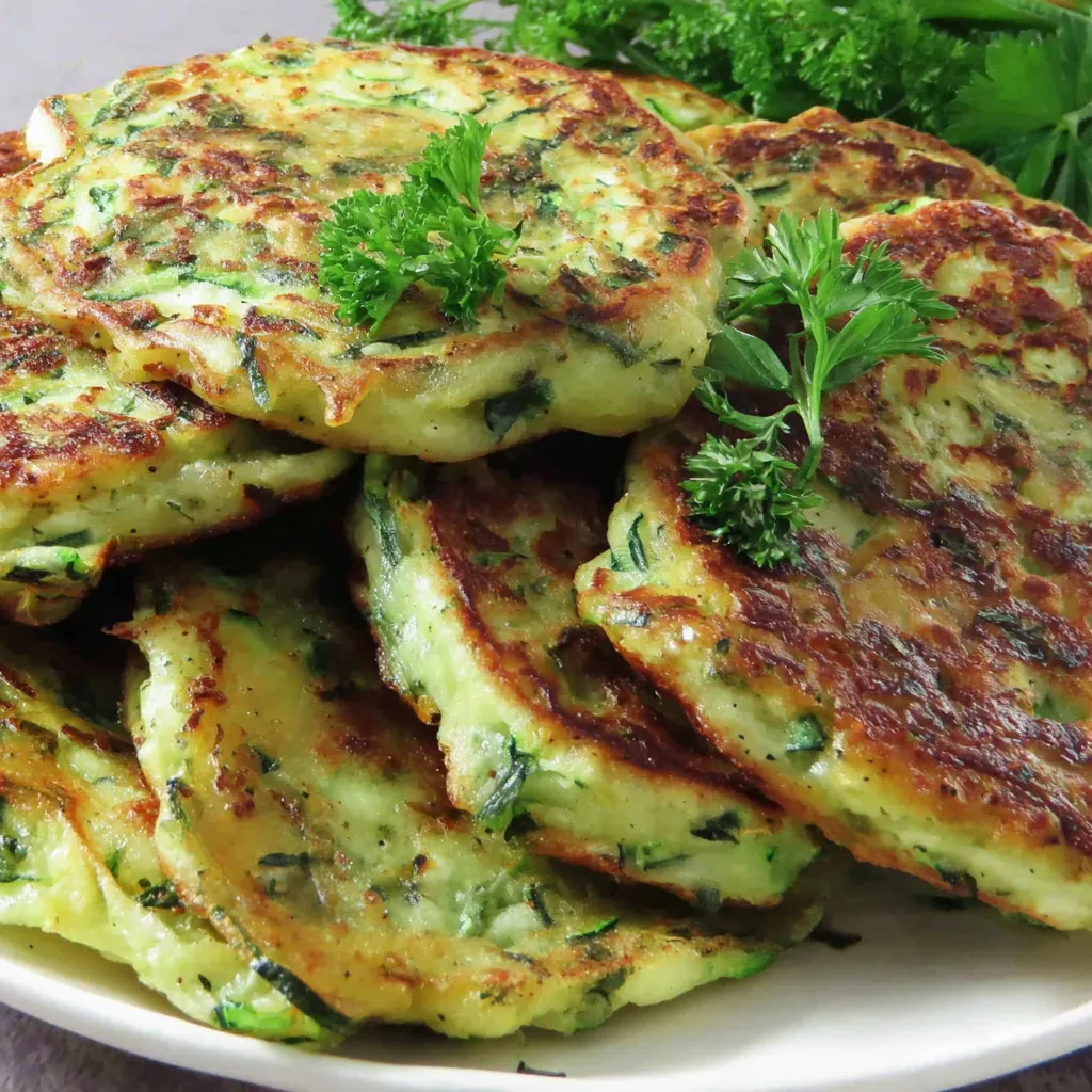 Zucchini-Pfannkuchen auf einem weißen Teller.