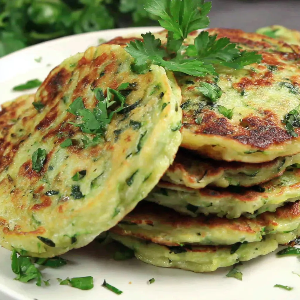 Zucchini-Pfannkuchen auf einem weißen Teller.