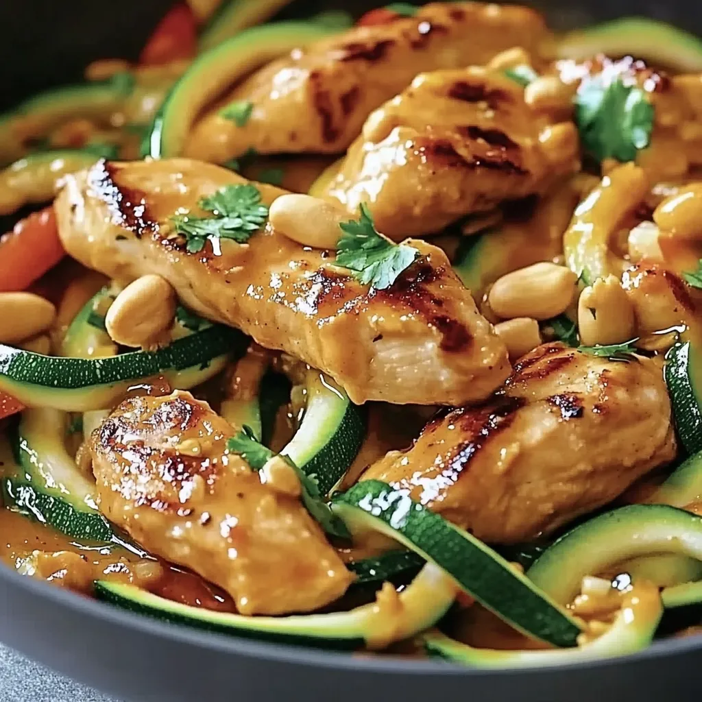 Ein Bild von Hähnchen in einer Sauce, die mit Zucchininudeln und Erdnüssen garniert ist.
