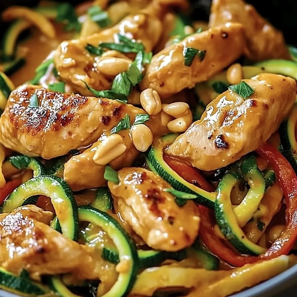Ein Bild von Erdnuss-Hähnchen mit Zucchininudeln.