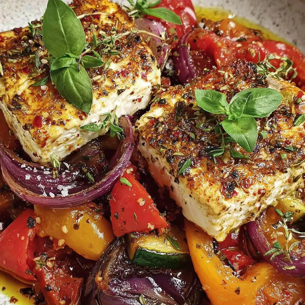 Eine Platte mit Gebratener Feta im griechischen Stil, die mit verschiedenen Gemüsearten wie Tomaten, Zucchini und Paprika garniert ist.