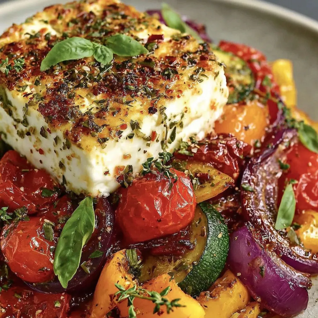 Eine Platte mit verschiedenen Gemüsearten wie Tomaten, Paprika, Zucchini und Basilikum, die mit gebratener Feta im griechischen Stil garniert sind.