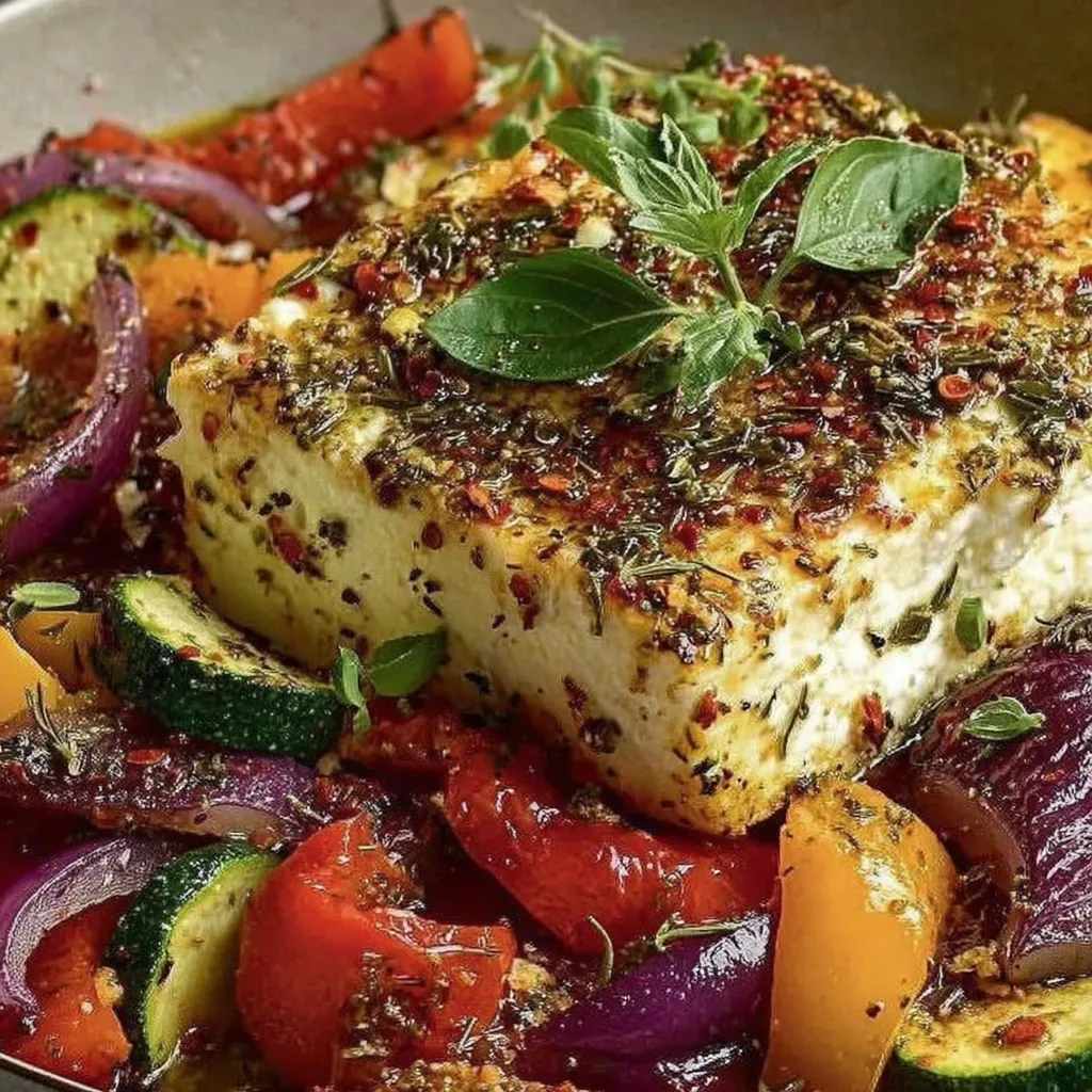 Ein gebratener Feta im griechischen Stil, der mit verschiedenen Gemüsearten wie Zucchini, Tomaten, Paprika und Zwiebeln garniert wird.