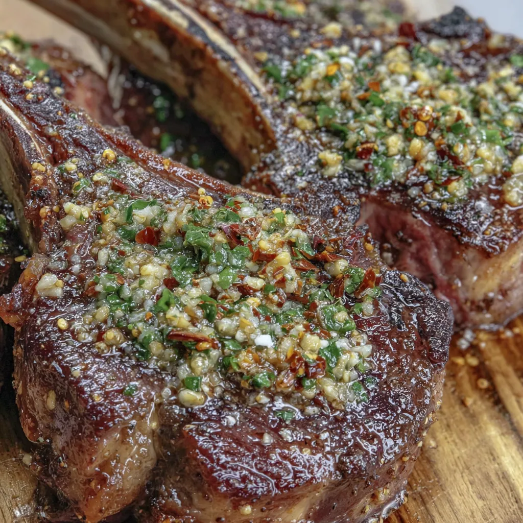 Tomahawk Steak mit würzigem Knoblauch und Chili - Rückwärts gebraten und kross