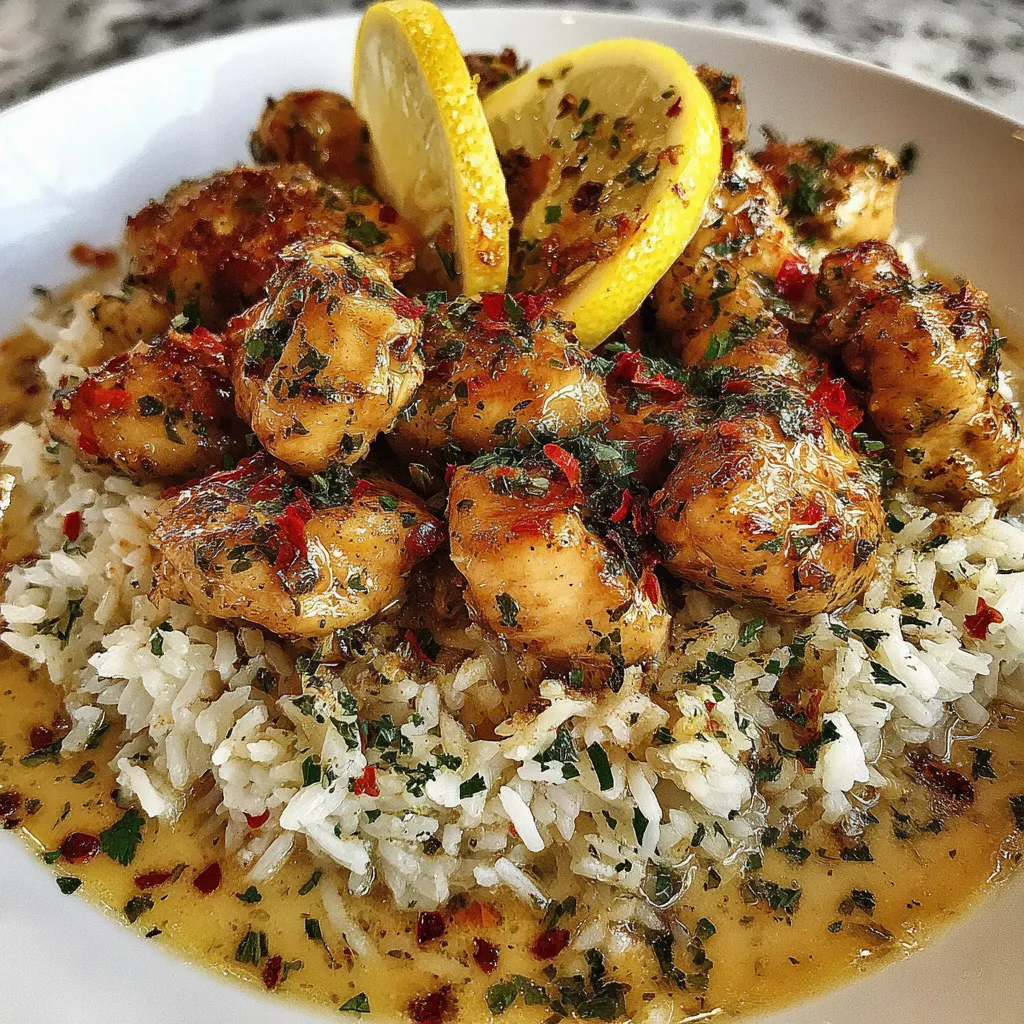 Scampi-Huhn mit cremigem Knoblauch-Parmesan-Reis. Zutaten: