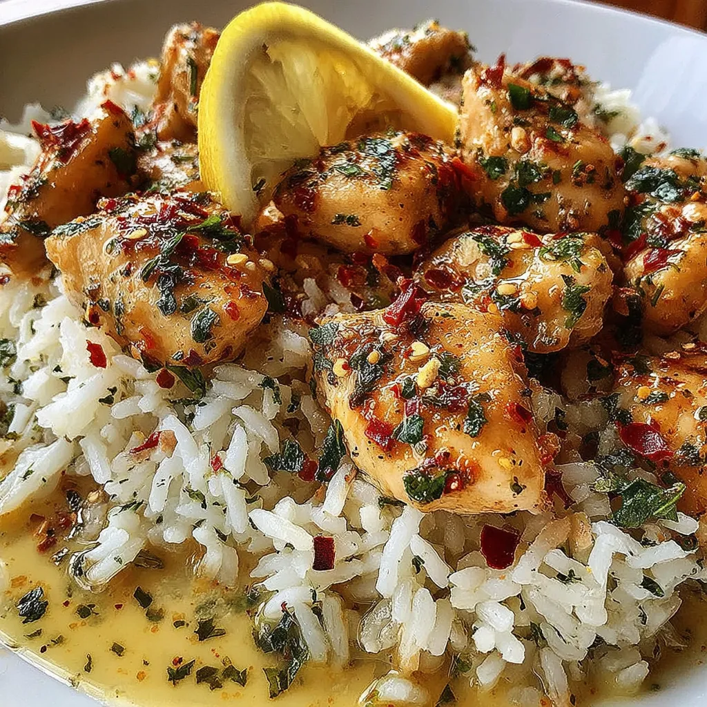 Hähnchen-Scampi mit cremigem Knoblauch-Parmesan-Reis. Zutaten:
