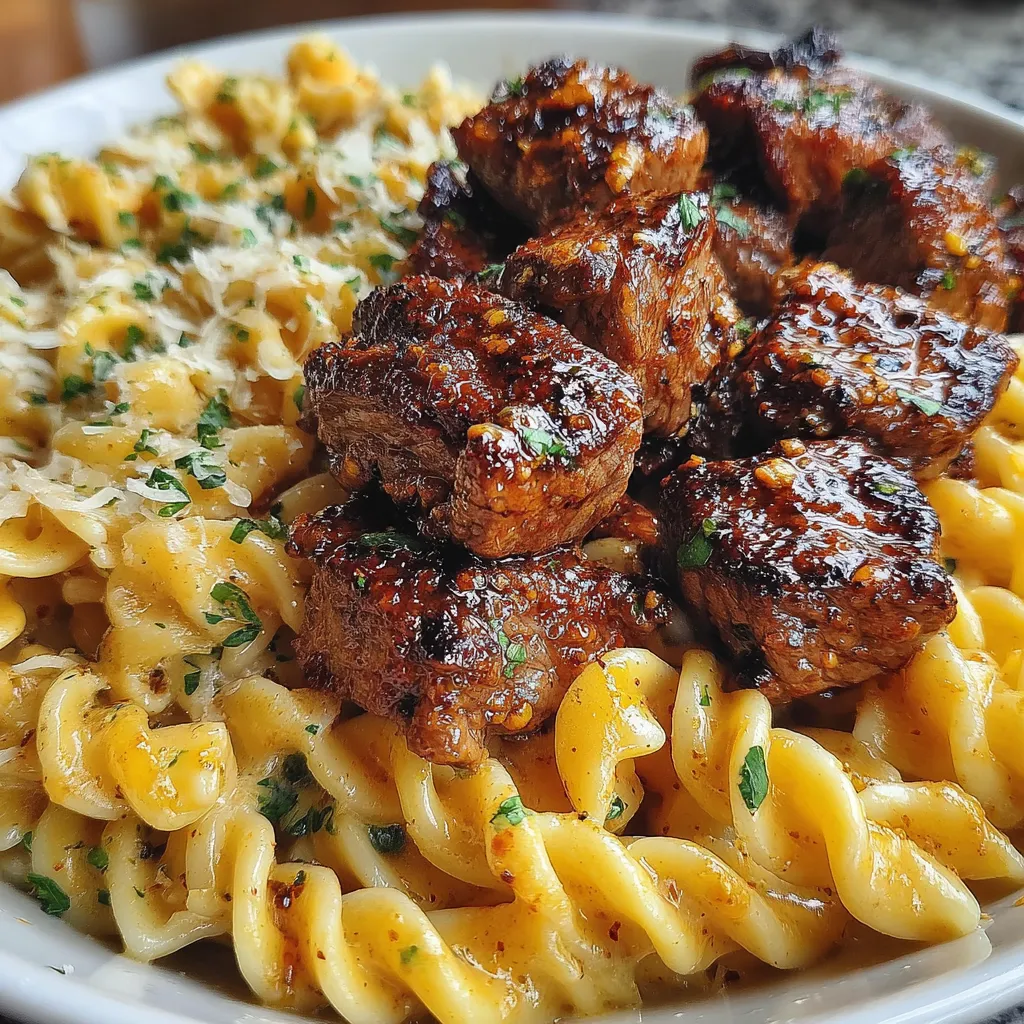 Steakstücke in Knoblauchbutter mit Alfredo-Pasta