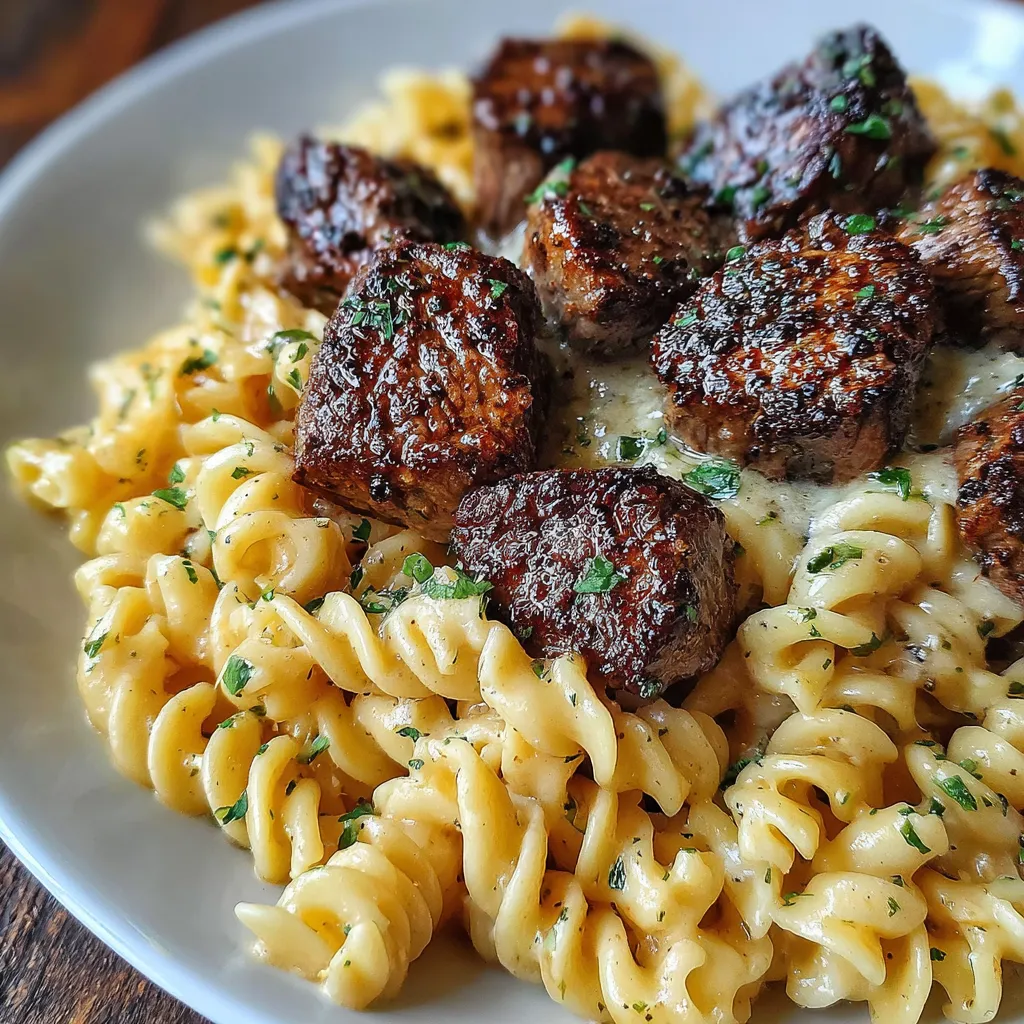 Knoblauchbutter Steakstücke & cremige Alfredo-Pasta