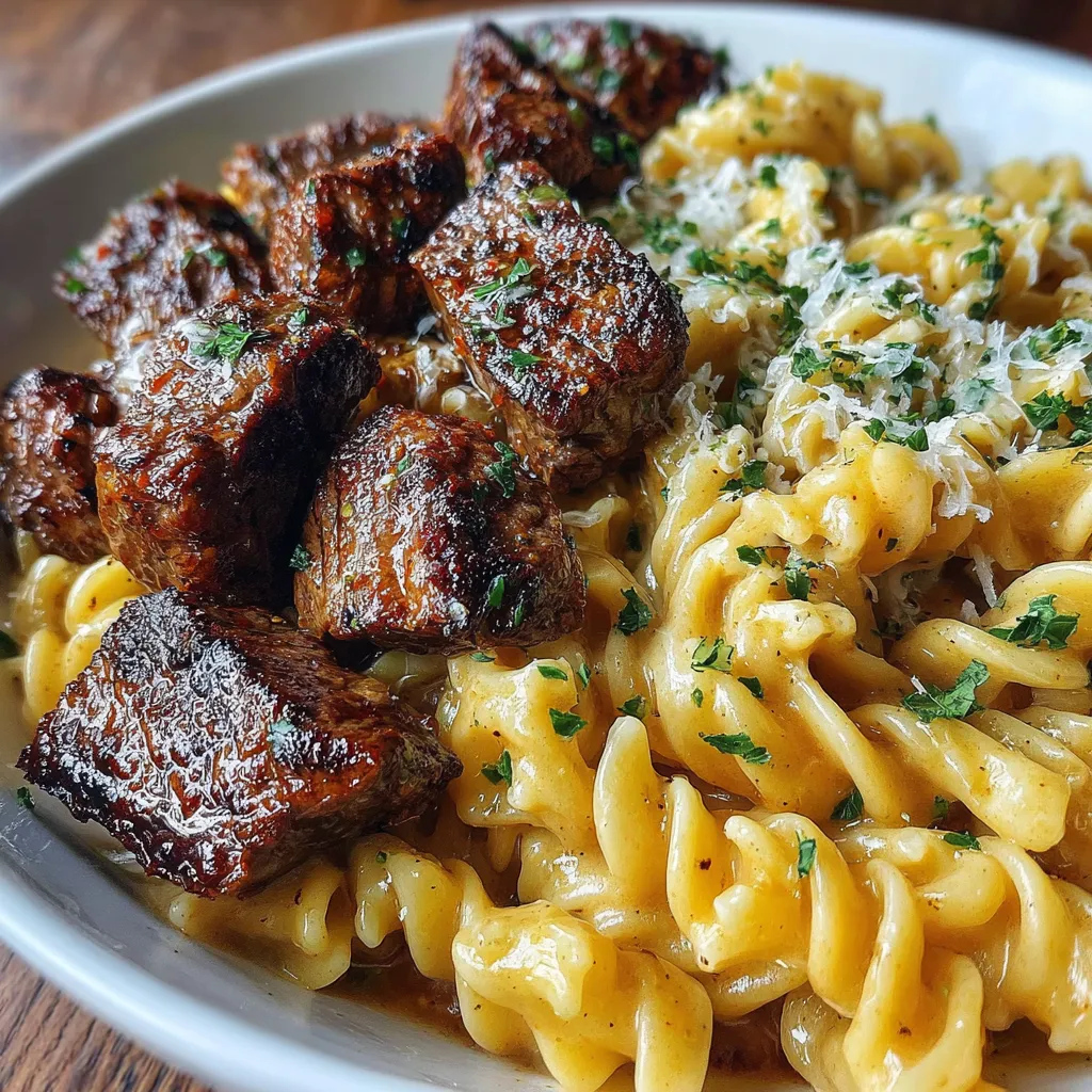 Knoblauchbutter Steakstücke & cremige Alfredo-Pasta