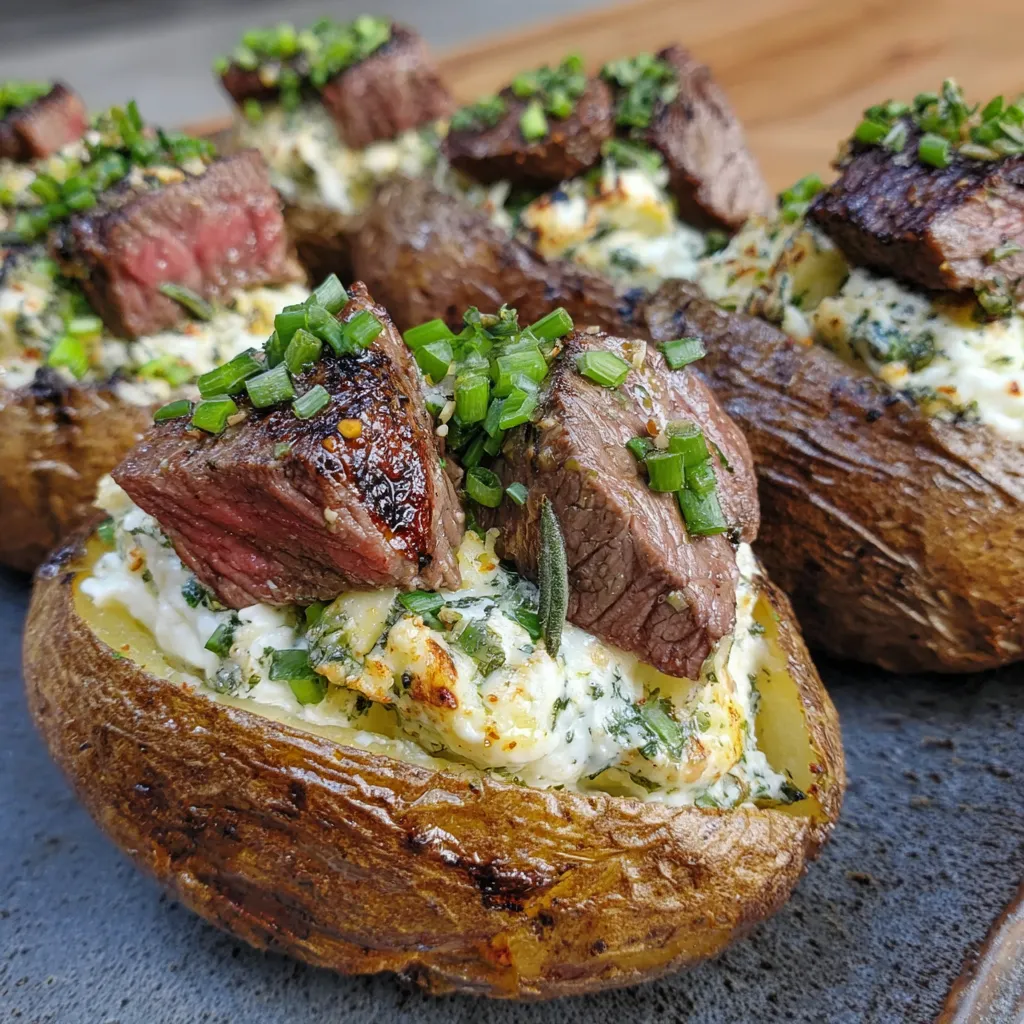 Ofenkartoffeln mit Steakstücken und würziger Knoblauch-Kräuter-Butter