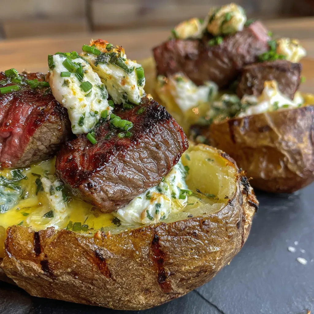 Grillkartoffeln mit Steakstücken und Kräuterbutter
