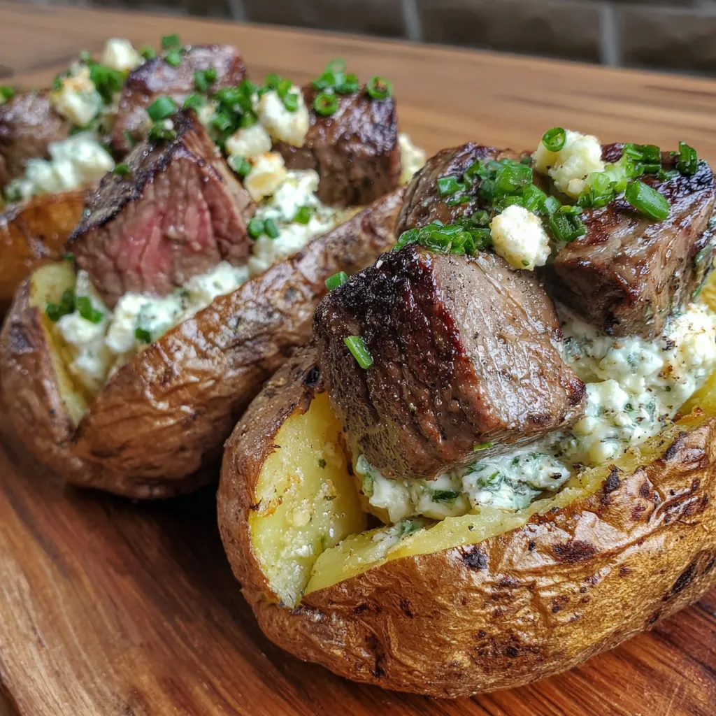 Grillkartoffeln mit Steakstücken und Kräuterbutter