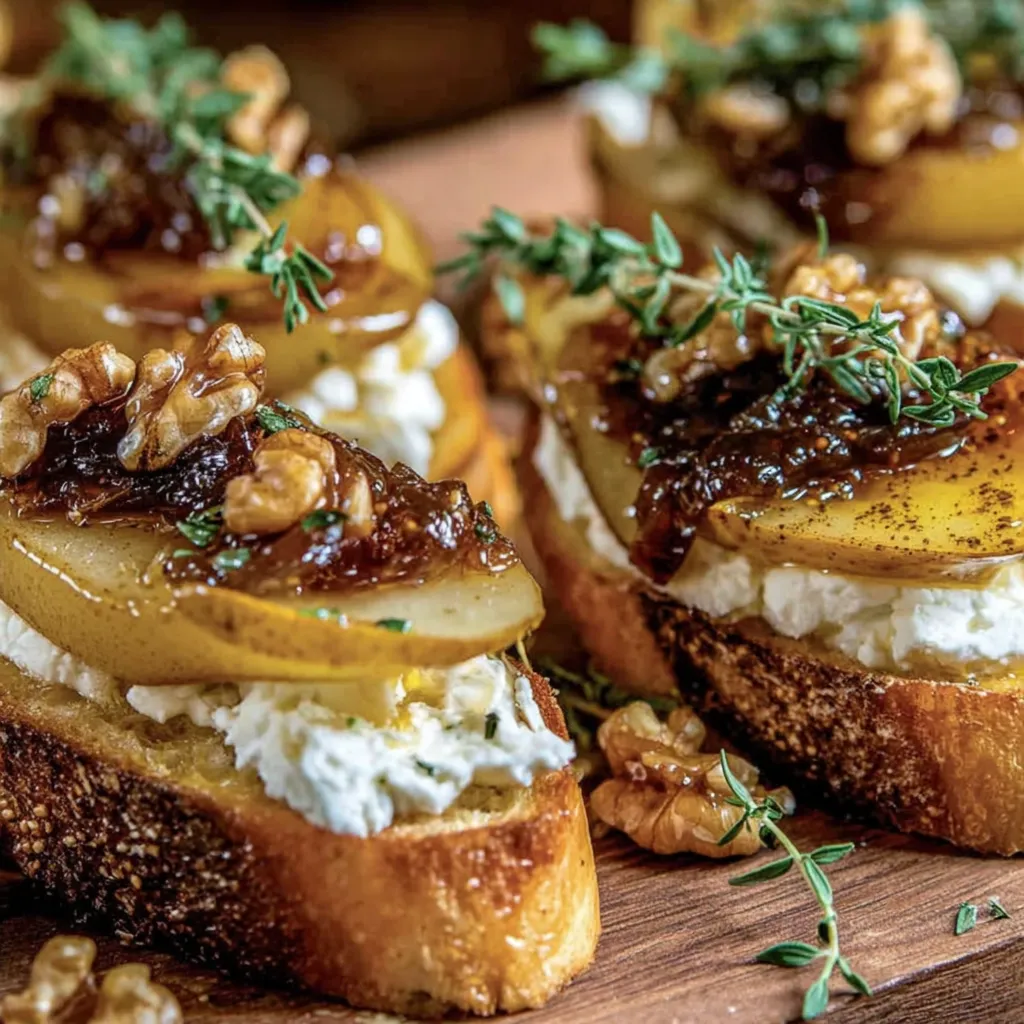 Zwei Crostini mit Karamellisierten Birnen und Ziegenkäse auf einem Holzblock.