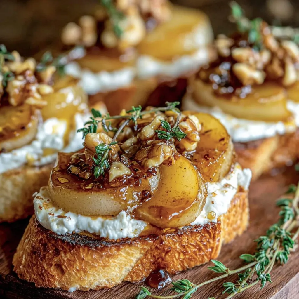 Zwei Crostini mit Karamellisierten Birnen und Ziegenkäse auf einem Holzblock.
