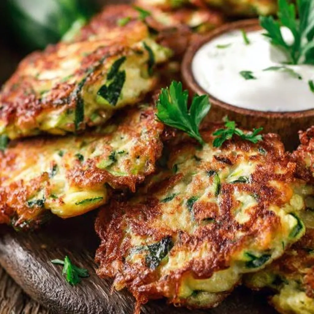 Ein Bild von Zucchini-Puffers mit Haferflocken auf einem Teller.