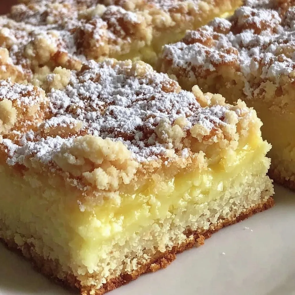 Streuselkuchen mit Vanillepudding auf einem Teller.
