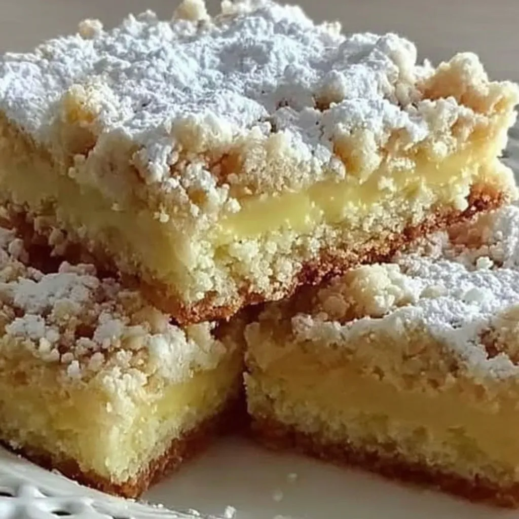 Streuselkuchen mit Vanillepudding auf einem weißen Teller.
