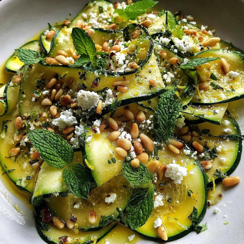 Ein Zucchini-Carpaccio mit Zitrone, Feta und Pinenkernen auf einem weißen Teller.