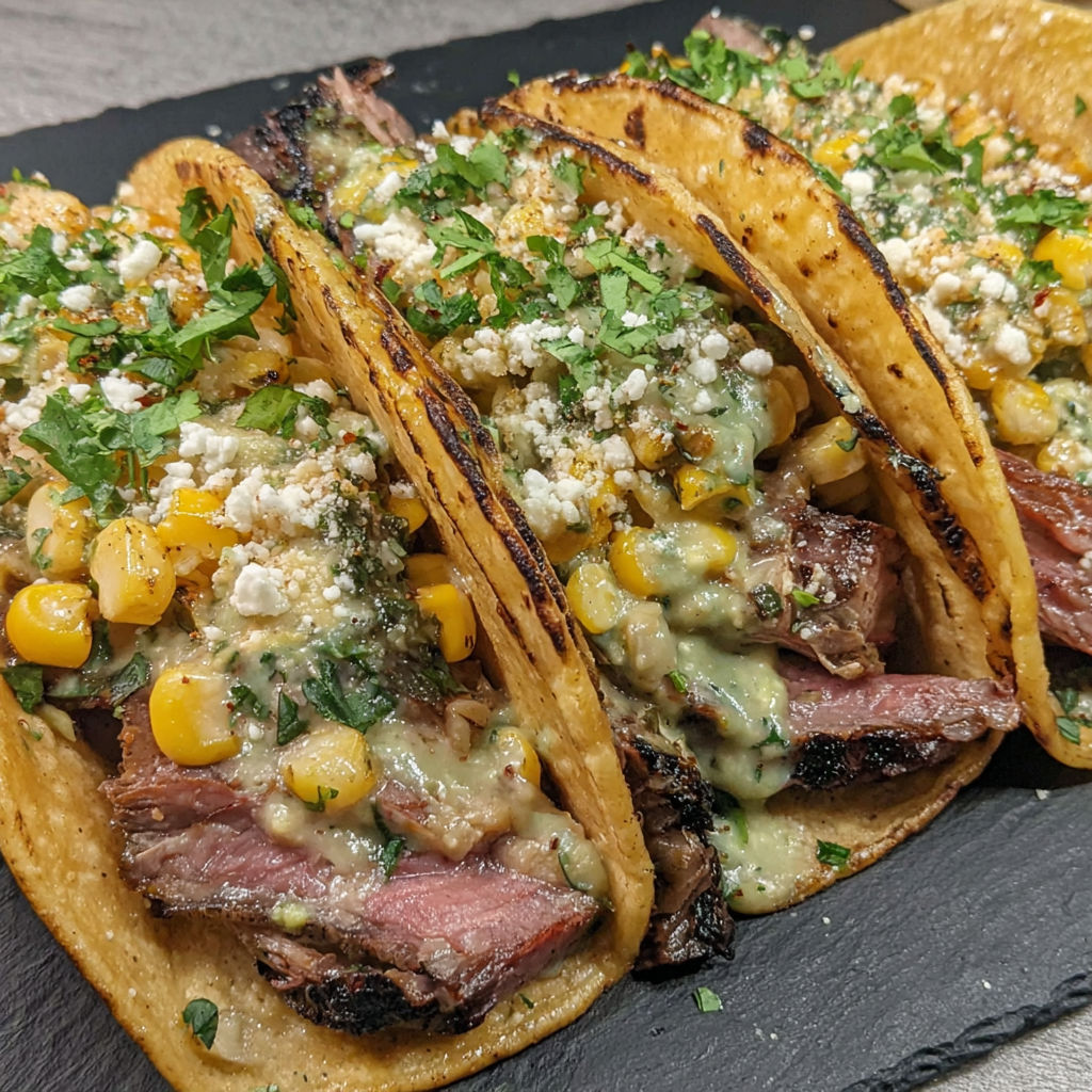 A plate of BBQ brisket elote tacos.