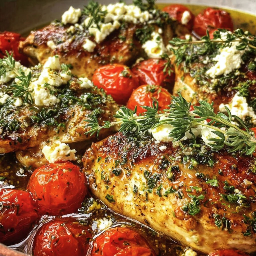 A close up of a dish of chicken with tomatoes and feta cheese.