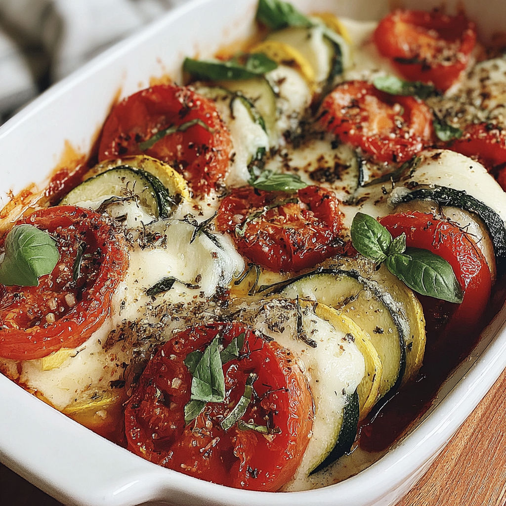 A dish with tomatoes, zucchini, and mozzarella cheese.