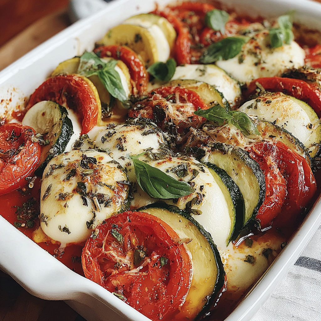A dish of zucchini and tomatoes with mozzarella cheese.