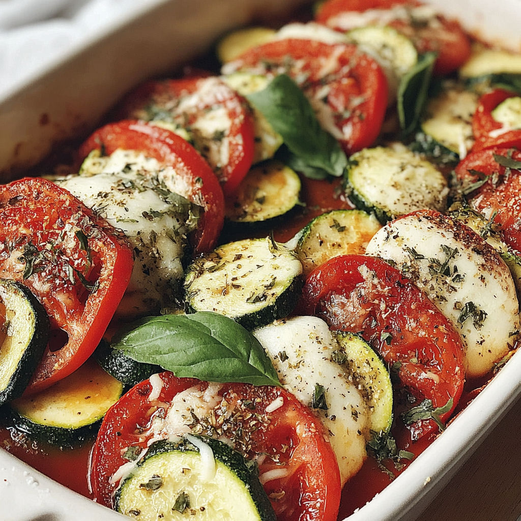 A dish of zucchini and tomatoes with mozzarella cheese.