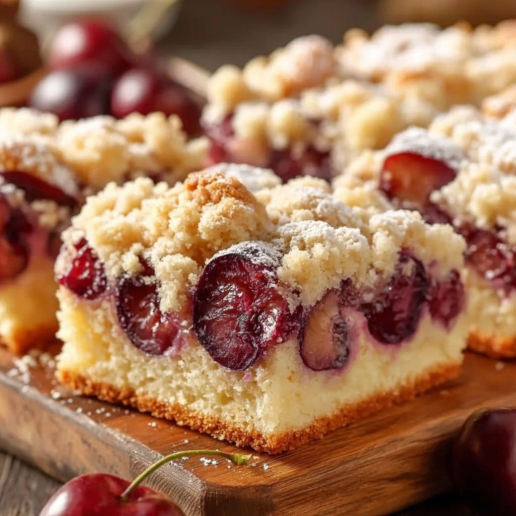 A slice of pflaumenkuchen with streuseln on a wooden board.