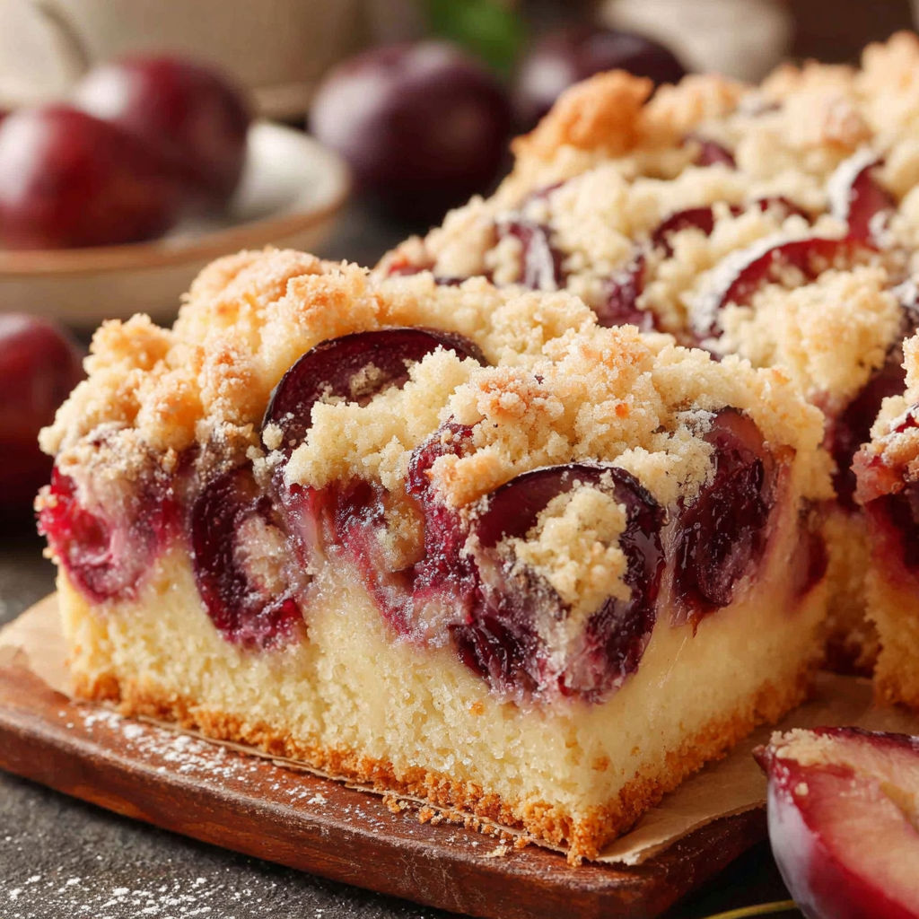 A slice of pflaumenkuchen with streuseln on a wooden board.
