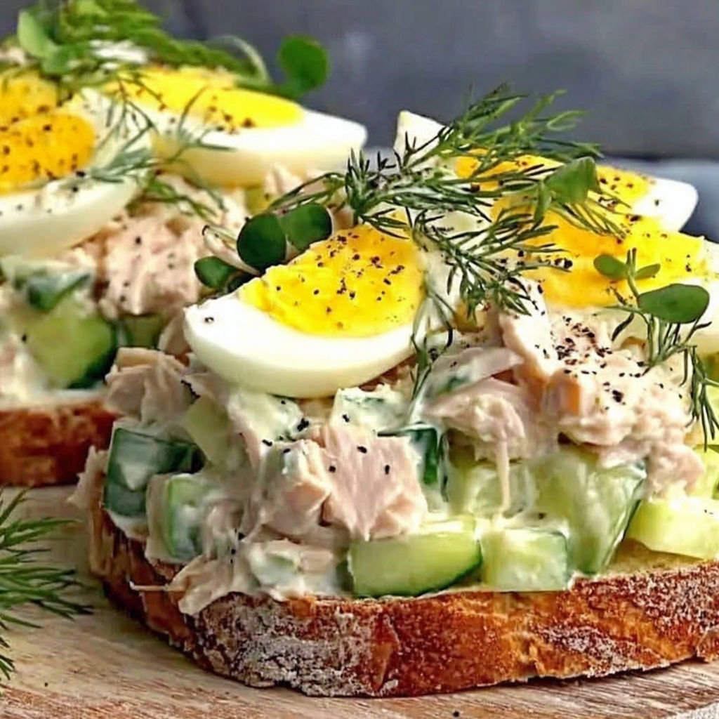 Two pieces of bread with a salad on top.